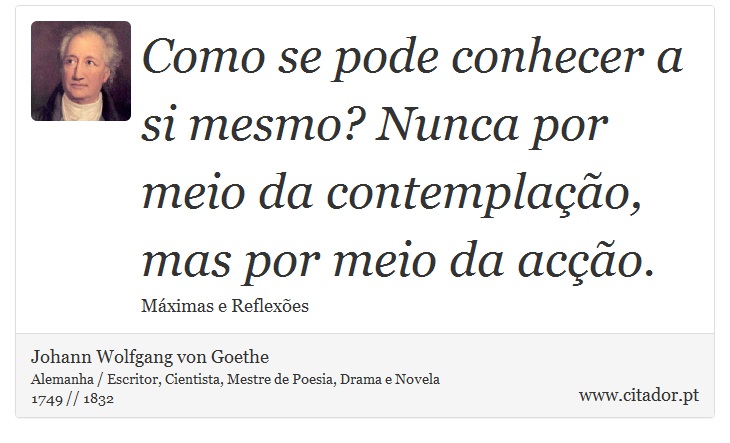 Como se pode conhecer a si mesmo? Nunca por meio da contemplação, mas por meio da acção. - Johann Wolfgang von Goethe - Frases