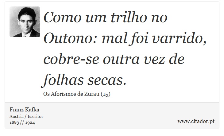 Como um trilho no Outono: mal foi varrido, cobre-se outra vez de folhas secas. - Franz Kafka - Frases