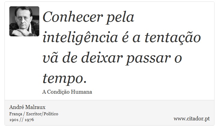 Conhecer pela inteligência é a tentação vã de deixar passar o tempo. - André Malraux - Frases