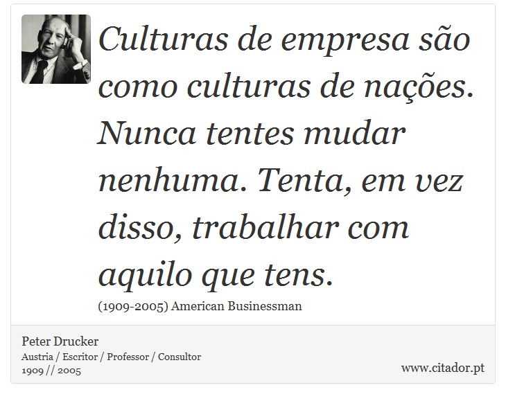 Culturas de empresa são como culturas de nações. Nunca tentes mudar nenhuma. Tenta, em vez disso, trabalhar com aquilo que tens. - Peter Drucker - Frases