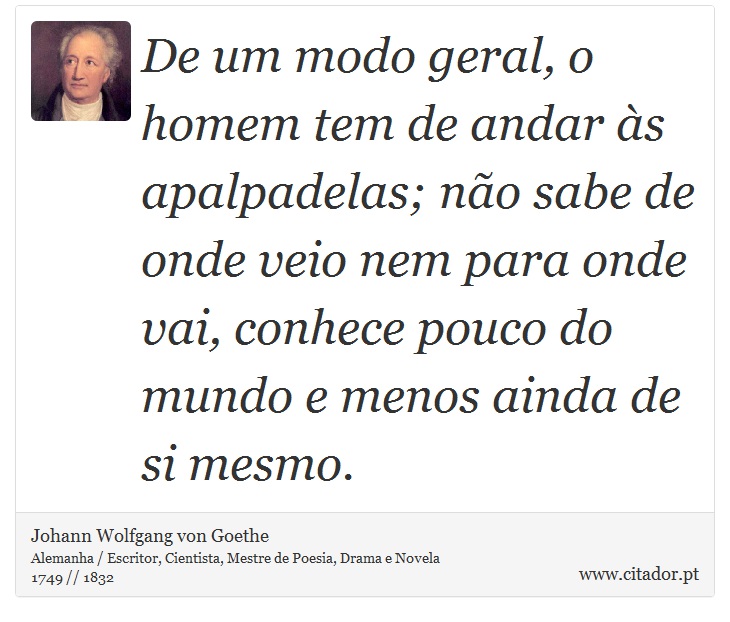 De um modo geral, o homem tem de andar às apalpadelas; não sabe de onde veio nem para onde vai, conhece pouco do mundo e menos ainda de si mesmo. - Johann Wolfgang von Goethe - Frases