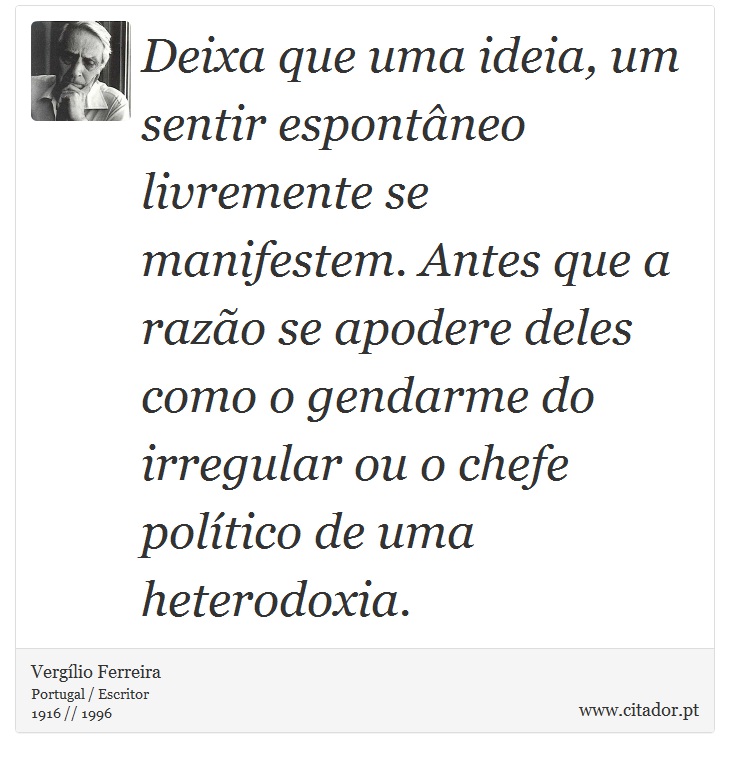 Deixa que uma ideia, um sentir espontâneo livremente se manifestem. Antes que a razão se apodere deles como o gendarme do irregular ou o chefe político de uma heterodoxia. - Vergílio Ferreira - Frases