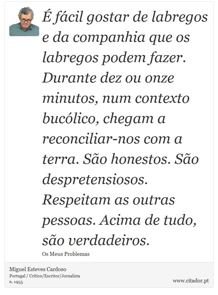 É fácil gostar de labregos e da companhia que os labregos podem fazer. Durante dez ou onze minutos, num contexto bucólico, chegam a reconciliar-nos com a terra. São honestos. São despretensiosos. Respeitam as outras pessoas. Acima de tudo, são verdadeiros. - Miguel Esteves Cardoso - Frases