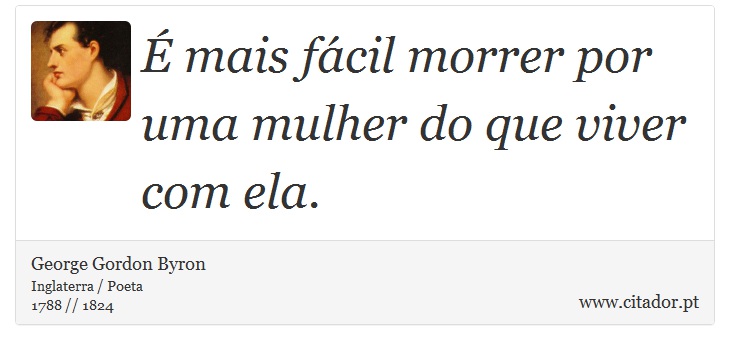  mais fcil morrer por uma mulher do que viver com ela. - George Gordon Byron - Frases