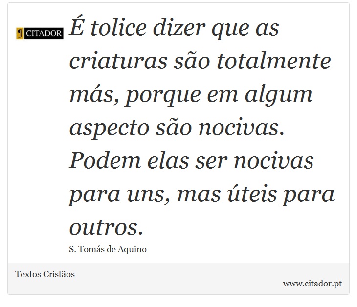É tolice dizer que as criaturas são totalmente más, porque em algum aspecto são nocivas. Podem elas ser nocivas para uns, mas úteis para outros. - Textos Cristãos - Frases