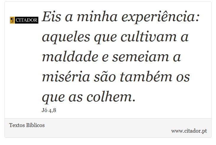 Eis a minha experiência: aqueles que cultivam a maldade e semeiam a miséria são também os que as colhem. - Textos Bíblicos - Frases
