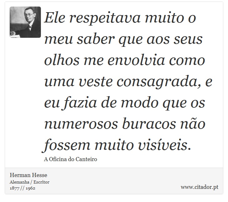 Ele respeitava muito o meu saber que aos seus olhos me envolvia como uma veste consagrada, e eu fazia de modo que os numerosos buracos não fossem muito visíveis. - Herman Hesse - Frases