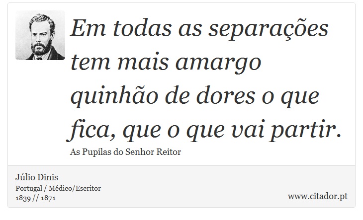 Em todas as separações tem mais amargo quinhão de dores o que fica, que o que vai partir. - Júlio Dinis - Frases