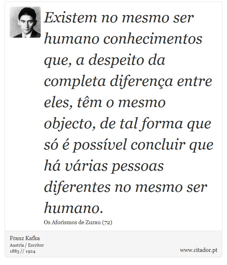 Existem no mesmo ser humano conhecimentos que, a despeito da completa diferença entre eles, têm o mesmo objecto, de tal forma que só é possível concluir que há várias pessoas diferentes no mesmo ser humano. - Franz Kafka - Frases