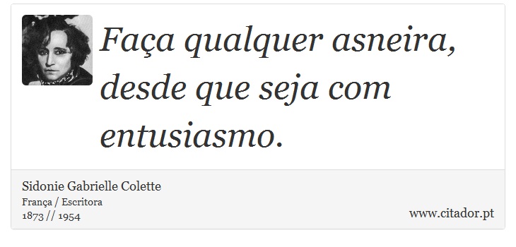 Faça qualquer asneira, desde que seja com entusiasmo. - Sidonie Gabrielle Colette - Frases
