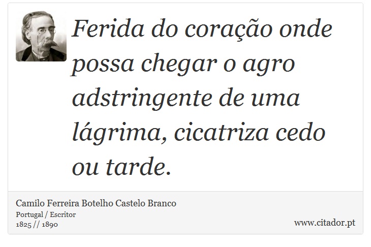 Ferida do coração onde possa chegar o agro adstringente de uma lágrima, cicatriza cedo ou tarde. - Camilo Ferreira Botelho Castelo Branco - Frases