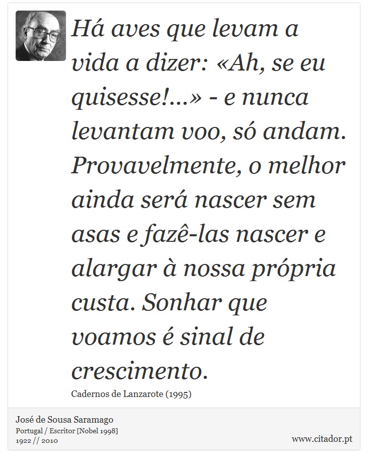 Há aves que levam a vida a dizer: «Ah, se eu quisesse!...» - e nunca levantam voo, só andam. Provavelmente, o melhor ainda será nascer sem asas e fazê-las nascer e alargar à nossa própria custa. Sonhar que voamos é sinal de crescimento. - José Saramago - Frases