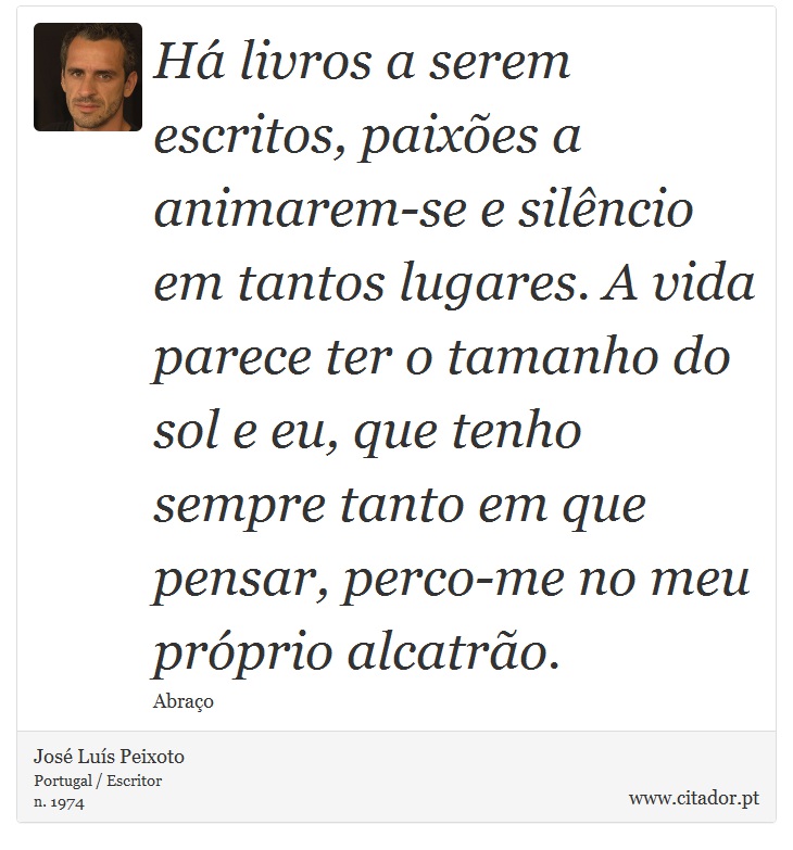 Há livros a serem escritos, paixões a animarem-se e silêncio em tantos lugares. A vida parece ter o tamanho do sol e eu, que tenho sempre tanto em que pensar, perco-me no meu próprio alcatrão. - José Luís Peixoto - Frases