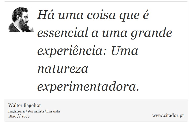 Há uma coisa que é essencial a uma grande experiência: Uma natureza experimentadora. - Walter Bagehot - Frases