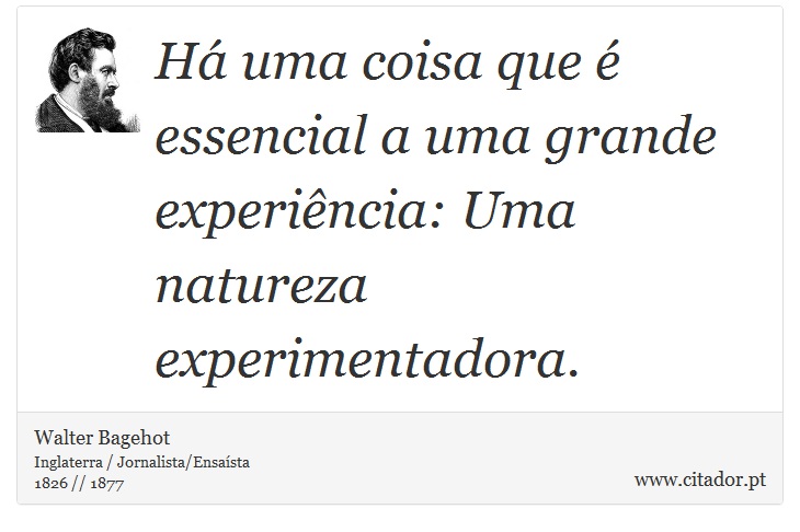 H uma coisa que  essencial a uma grande experincia: Uma natureza experimentadora. - Walter Bagehot - Frases