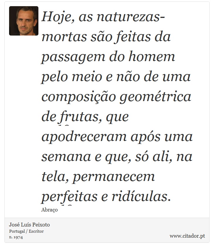 Hoje, as naturezas-mortas são feitas da passagem do homem pelo meio e não de uma composição geométrica de frutas, que apodreceram após uma semana e que, só ali, na tela, permanecem perfeitas e ridículas. - José Luís Peixoto - Frases