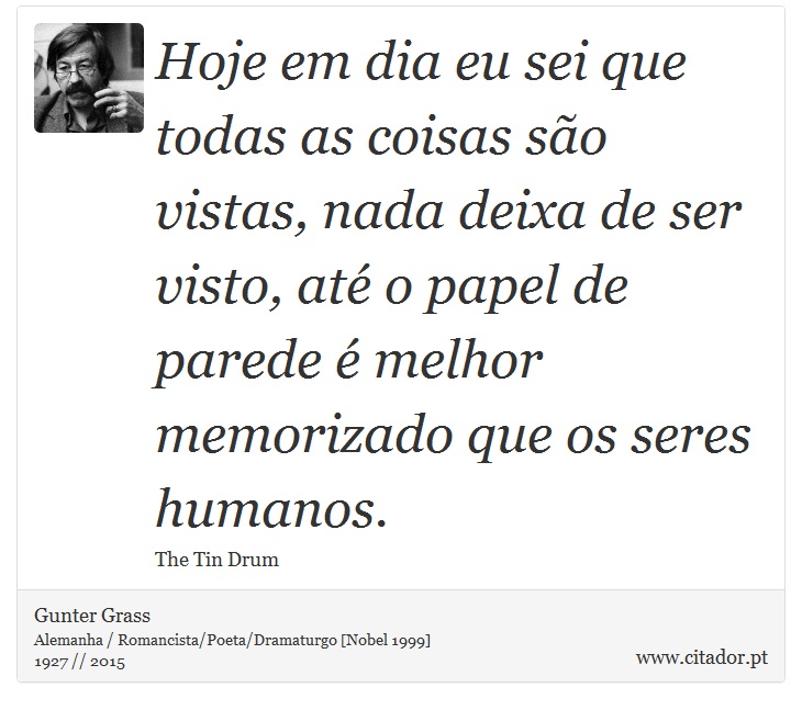 Hoje em dia eu sei que todas as coisas são vistas, nada deixa de ser visto, até o papel de parede é melhor memorizado que os seres humanos. - Gunter Grass - Frases