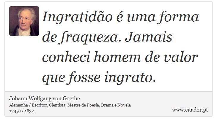 Ingratidão é uma forma de fraqueza. Jamais conheci homem de valor que fosse ingrato. - Johann Wolfgang von Goethe - Frases