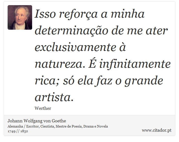 Isso reforça a minha determinação de me ater exclusivamente à natureza. É infinitamente rica; só ela faz o grande artista. - Johann Wolfgang von Goethe - Frases