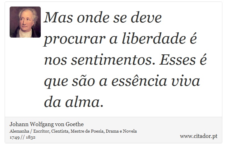 Mas onde se deve procurar a liberdade é nos sentimentos. Esses é que são a essência viva da alma. - Johann Wolfgang von Goethe - Frases