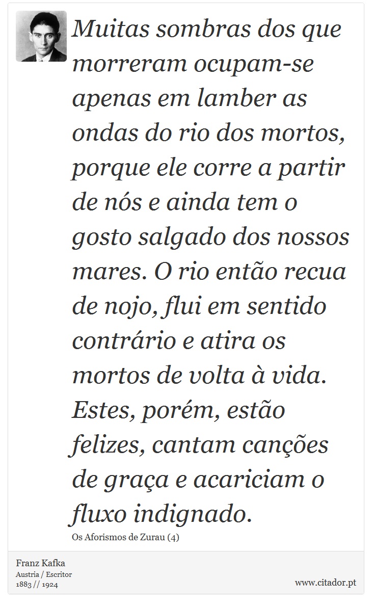 Muitas sombras dos que morreram ocupam-se apenas em lamber as ondas do rio dos mortos, porque ele corre a partir de nós e ainda tem o gosto salgado dos nossos mares. O rio então recua de nojo, flui em sentido contrário e atira os mortos de volta à vida. Estes, porém, estão felizes, cantam canções de graça e acariciam o fluxo indignado. - Franz Kafka - Frases