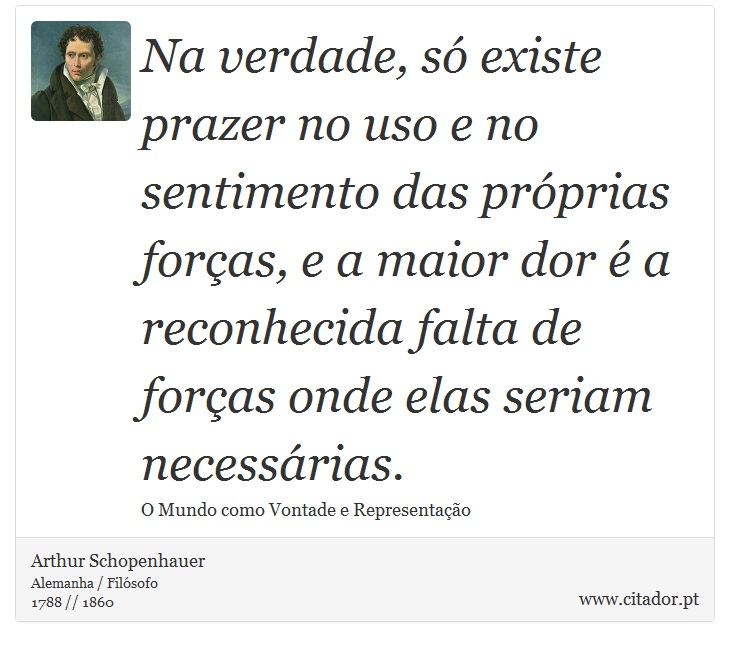 Na verdade, só existe prazer no uso e no sentimento das próprias forças, e a maior dor é a reconhecida falta de forças onde elas seriam necessárias. - Arthur Schopenhauer - Frases