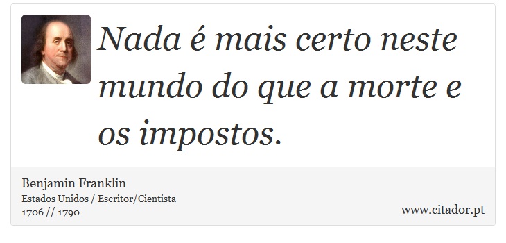 Nada é mais certo neste mundo do que a morte e os impostos. - Benjamin Franklin - Frases
