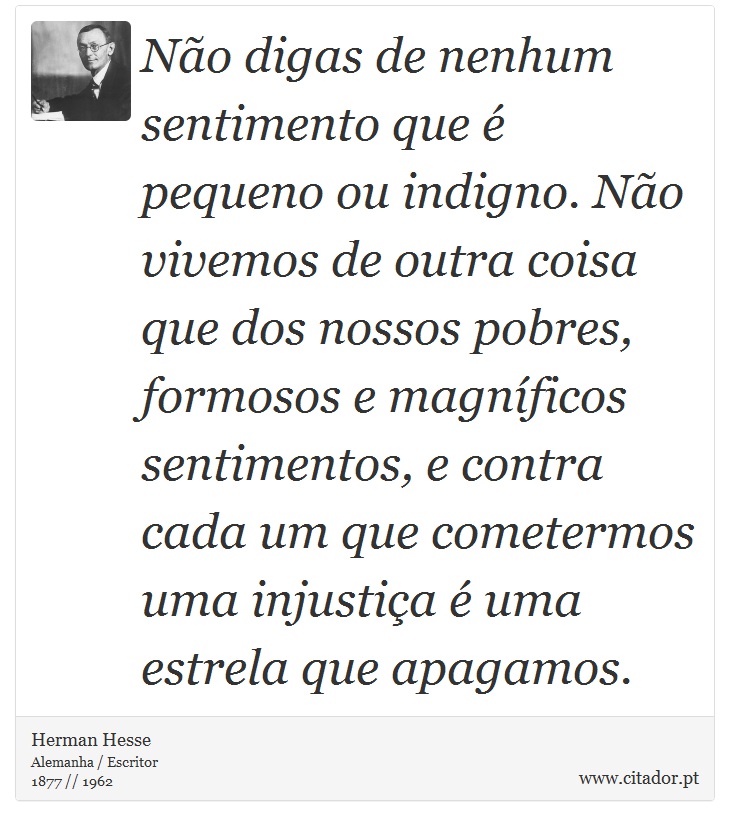 Não digas de nenhum sentimento que é pequeno ou indigno. Não vivemos de outra coisa que dos nossos pobres, formosos e magníficos sentimentos, e contra cada um que cometermos uma injustiça é uma estrela que apagamos. - Herman Hesse - Frases