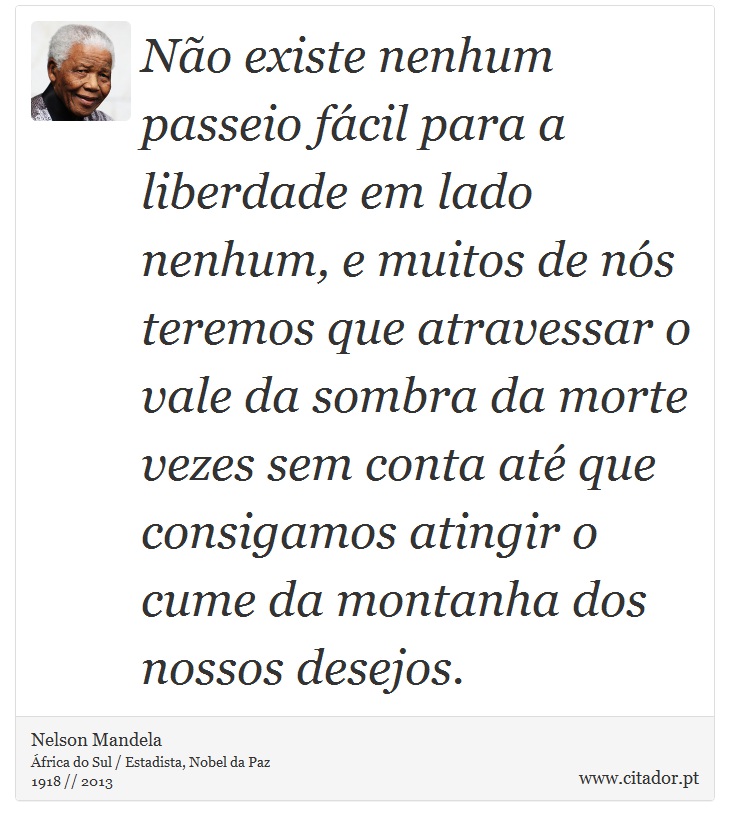 Não existe nenhum passeio fácil para a liberdade em lado nenhum, e muitos de nós teremos que atravessar o vale da sombra da morte vezes sem conta até que consigamos atingir o cume da montanha dos nossos desejos. - Nelson Mandela - Frases