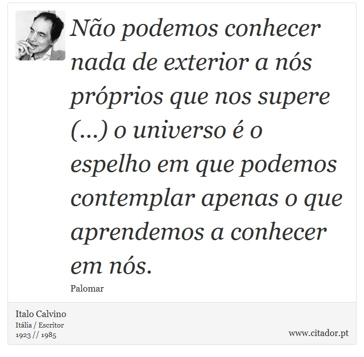 Não podemos conhecer nada de exterior a nós próprios que nos supere (...) o universo é o espelho em que podemos contemplar apenas o que aprendemos a conhecer em nós. - Italo Calvino - Frases