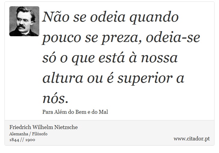 Não se odeia quando pouco se preza, odeia-se só o que está à nossa altura ou é superior a nós. - Friedrich Wilhelm Nietzsche - Frases