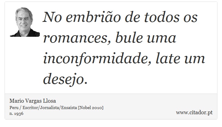 No embrião de todos os romances, bule uma inconformidade, late um desejo. - Mario Vargas Llosa - Frases