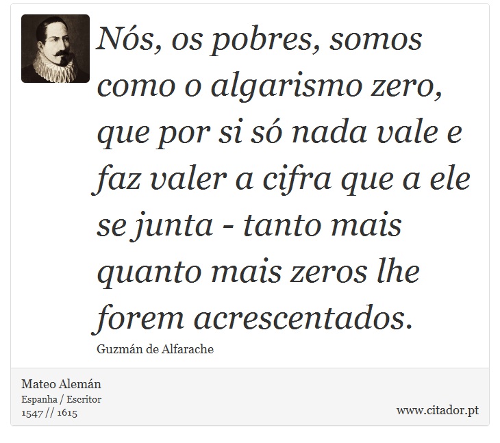 Nós, os pobres, somos como o algarismo zero, que por si só nada vale e faz valer a cifra que a ele se junta - tanto mais quanto mais zeros lhe forem acrescentados. - Mateo Alemán - Frases