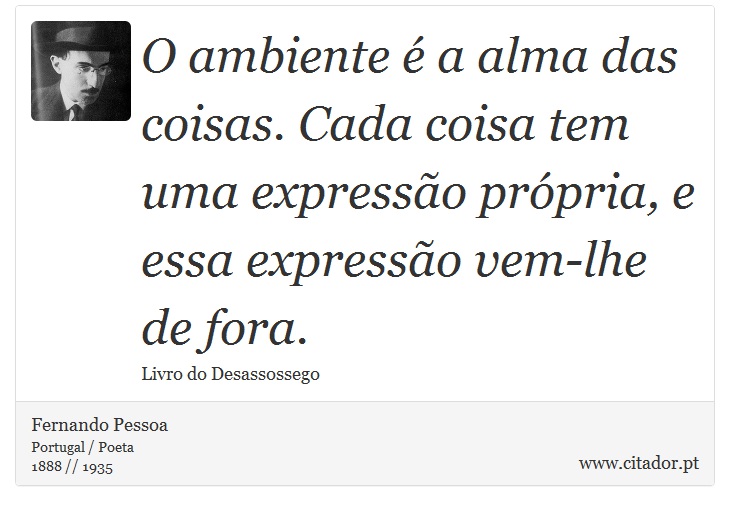 O ambiente é a alma das coisas. Cada coisa tem uma expressão própria, e essa expressão vem-lhe de fora. - Fernando Pessoa - Frases