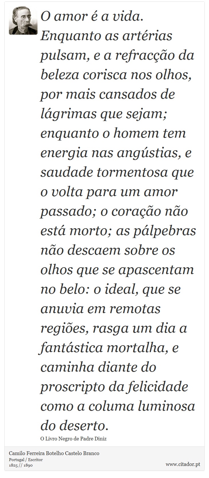 O amor é a vida. Enquanto as artérias pulsam, e a refracção da beleza corisca nos olhos, por mais cansados de lágrimas que sejam; enquanto o homem tem energia nas angústias, e saudade tormentosa que o volta para um amor passado; o coração não está morto; as pálpebras não descaem sobre os olhos que se apascentam no belo: o ideal, que se anuvia em remotas regiões, rasga um dia a fantástica mortalha, e caminha diante do proscripto da felicidade como a columa luminosa do deserto. - Camilo Ferreira Botelho Castelo Branco - Frases