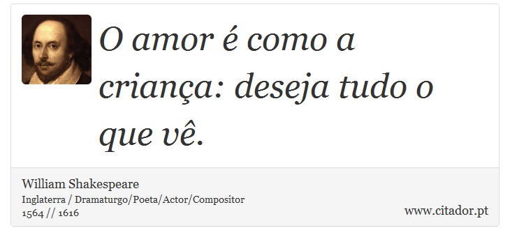O amor é como a criança: deseja tudo o que vê. - William Shakespeare - Frases