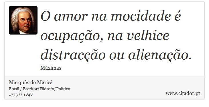 O amor na mocidade é ocupação, na velhice distracção ou alienação. - Marquês de Maricá - Frases
