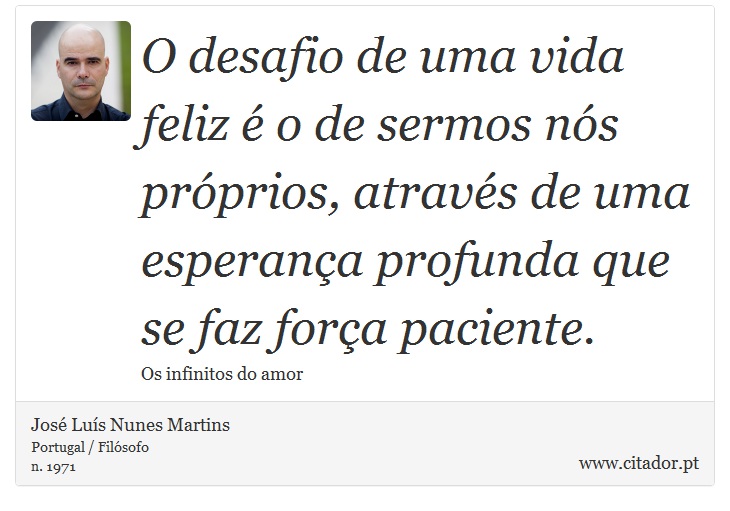 O desafio de uma vida feliz é o de sermos nós próprios, através de uma esperança profunda que se faz força paciente. - José Luís Nunes Martins - Frases