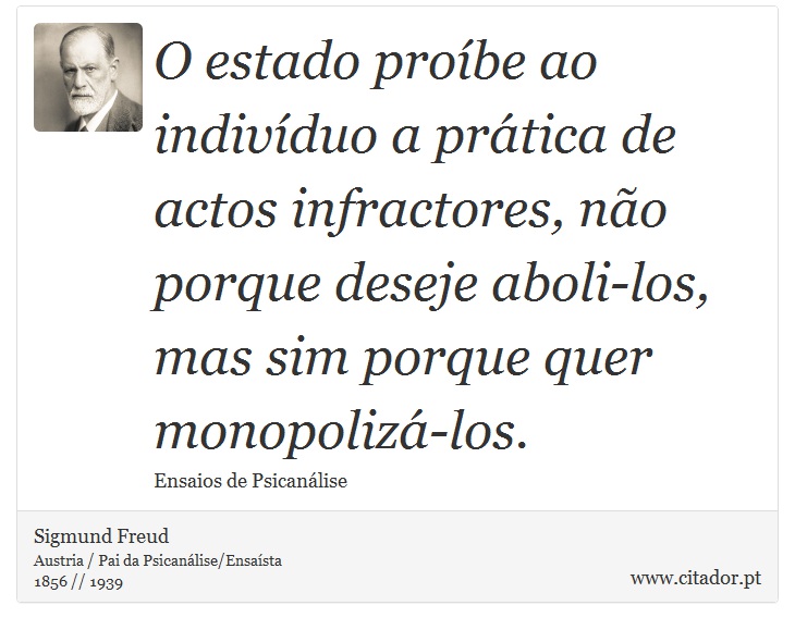 O estado proíbe ao indivíduo a prática de actos infractores, não porque deseje aboli-los, mas sim porque quer monopolizá-los. - Sigmund Freud - Frases