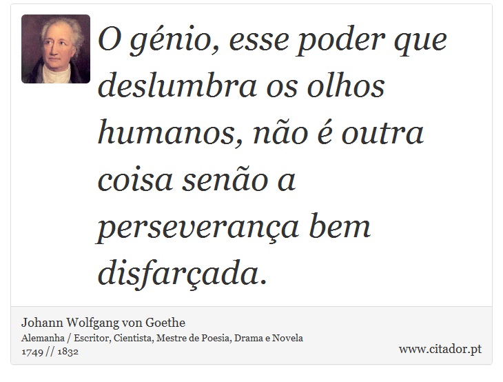 O génio, esse poder que deslumbra os olhos humanos, não é outra coisa senão a perseverança bem disfarçada. - Johann Wolfgang von Goethe - Frases