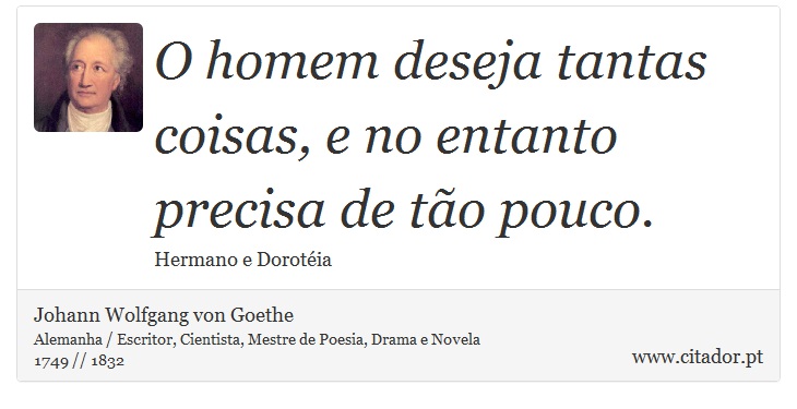 O homem deseja tantas coisas, e no entanto precisa de tão pouco. - Johann Wolfgang von Goethe - Frases