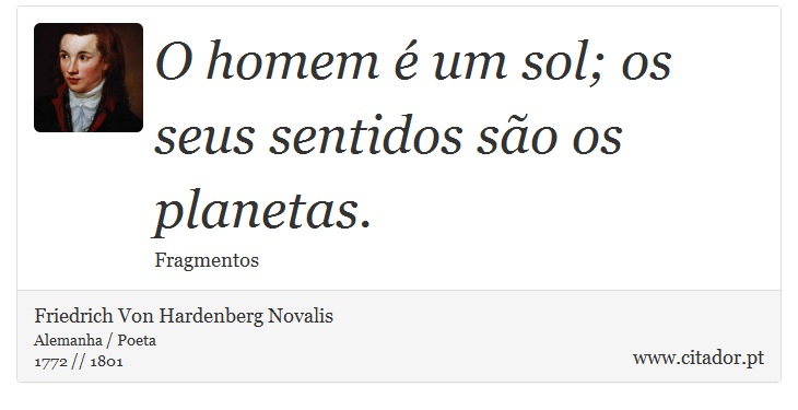 O homem é um sol; os seus sentidos são os planetas. - Friedrich Von Hardenberg Novalis - Frases