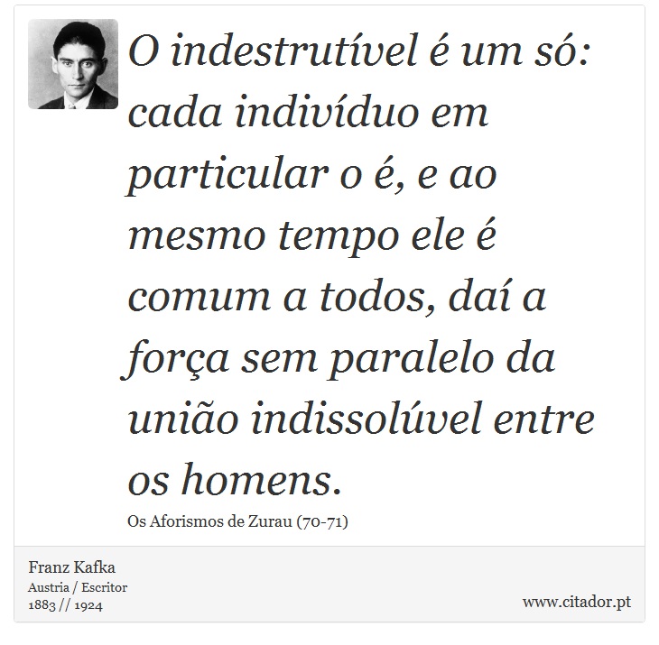 O indestrutível é um só: cada indivíduo em particular o é, e ao mesmo tempo ele é comum a todos, daí a força sem paralelo da união indissolúvel entre os homens. - Franz Kafka - Frases