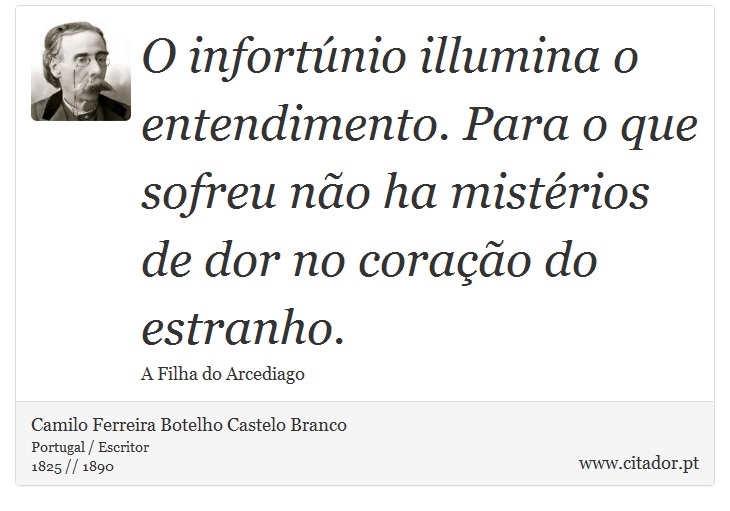 O infortúnio illumina o entendimento. Para o que sofreu não ha mistérios de dor no coração do estranho. - Camilo Ferreira Botelho Castelo Branco - Frases