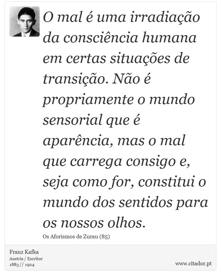 O mal é uma irradiação da consciência humana em certas situações de transição. Não é propriamente o mundo sensorial que é aparência, mas o mal que carrega consigo e, seja como for, constitui o mundo dos sentidos para os nossos olhos. - Franz Kafka - Frases