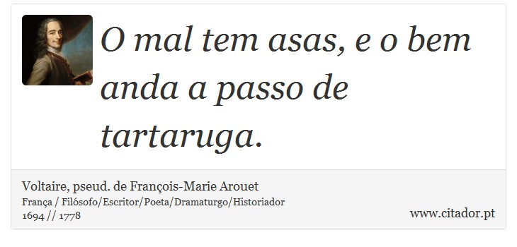 O mal tem asas, e o bem anda a passo de tartaruga. - Voltaire, pseud. de François-Marie Arouet - Frases