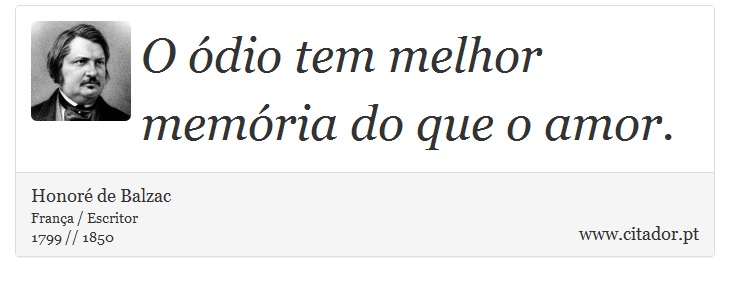 O ódio tem melhor memória do que o amor. - Honoré de Balzac - Frases