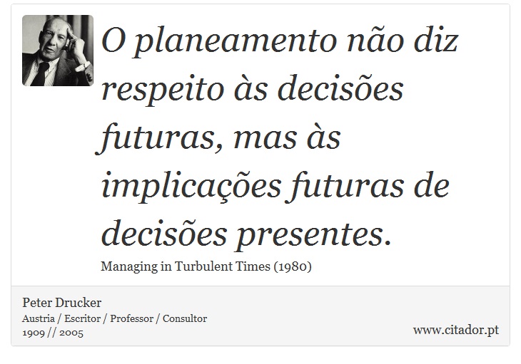 O planeamento não diz respeito às decisões futuras, mas às implicações futuras de decisões presentes. - Peter Drucker - Frases