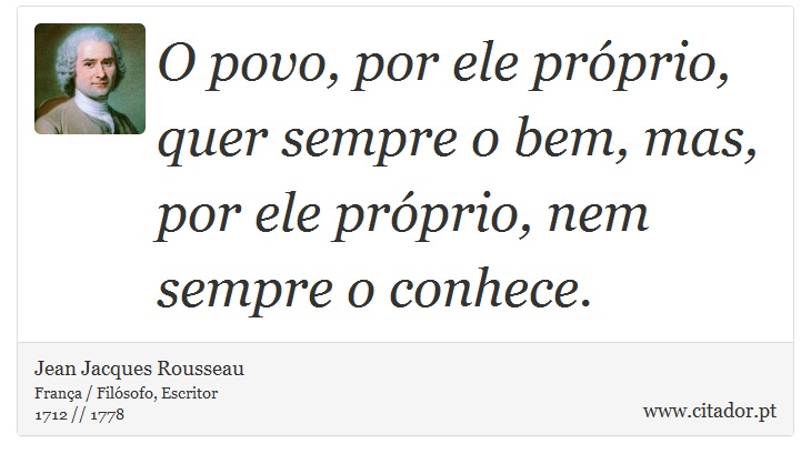 O povo, por ele próprio, quer sempre o bem, mas, por ele próprio, nem sempre o conhece. - Jean Jacques Rousseau - Frases