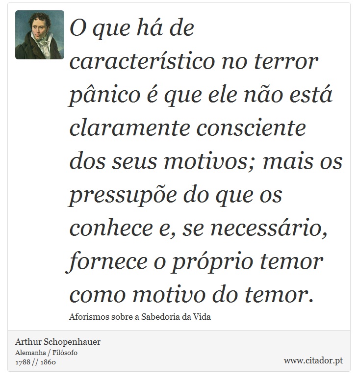 O que há de característico no terror pânico é que ele não está claramente consciente dos seus motivos; mais os pressupõe do que os conhece e, se necessário, fornece o próprio temor como motivo do temor. - Arthur Schopenhauer - Frases